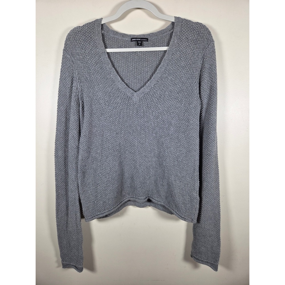 James Perse Sweater Women Size 2 Gray Cashmere Cotton Blend V-Neck Minimalist